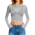 thumbnail image 3 of PIWHJQK Women Long Sleeve Pullover Shirts Womens Crew Neck Long Sleeve Lace Sheer Cutout Cropped Fitted Top Women Blouses, 3 of 6