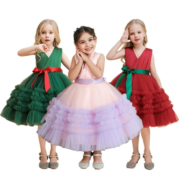 KYAIGUO Toddler Baby Girls Princess Tulle Dresses Kids Christmas Sleeveless Tutu Dress Flower Girl V-Neck Princess Dress Bridesmaid Dress Party Gown Tiered Skirt