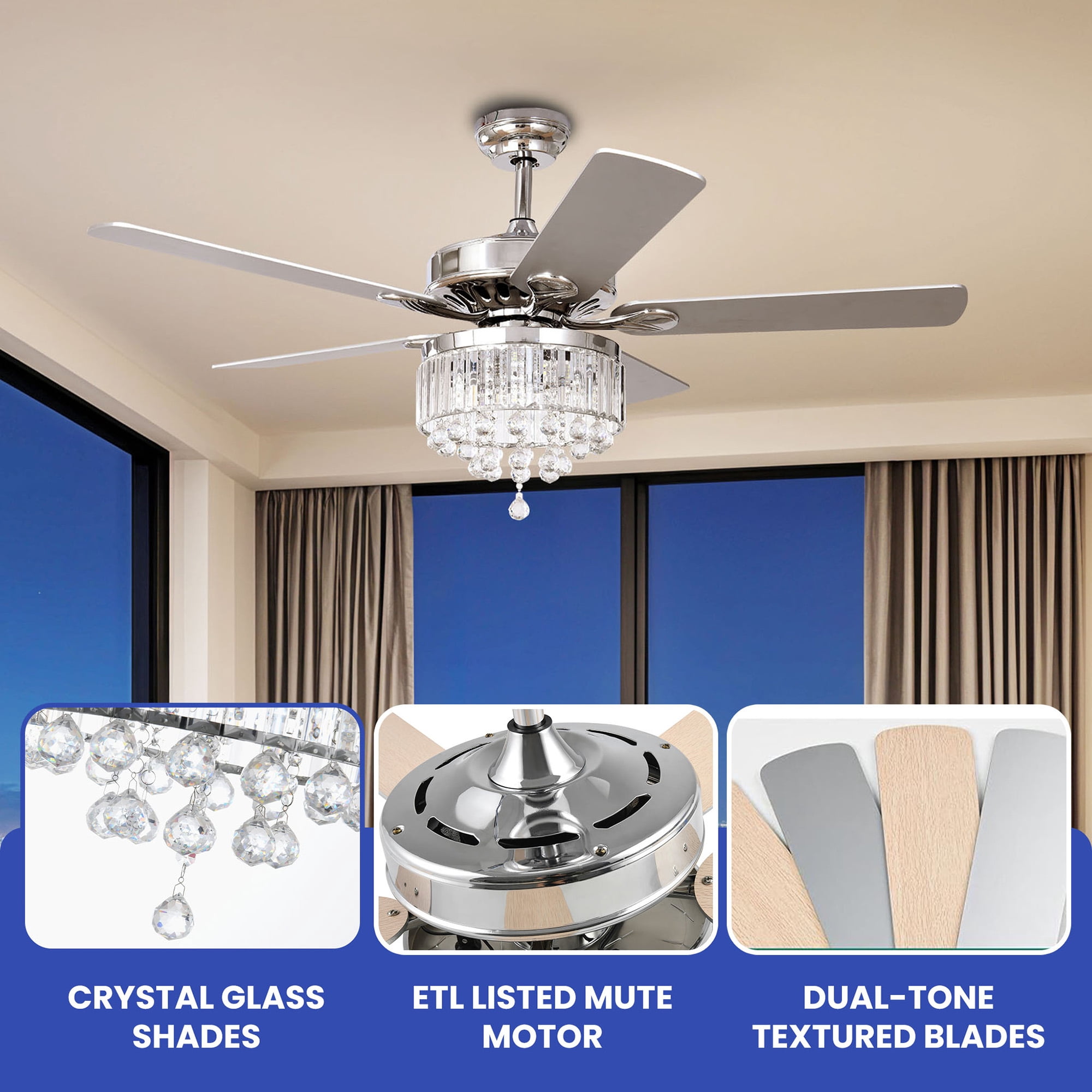 ModFusion 52in Elegant Ceiling Fan with Crystal Chandelier, Quiet Motor, 6-Speed, Chrome Finish, Wall Control