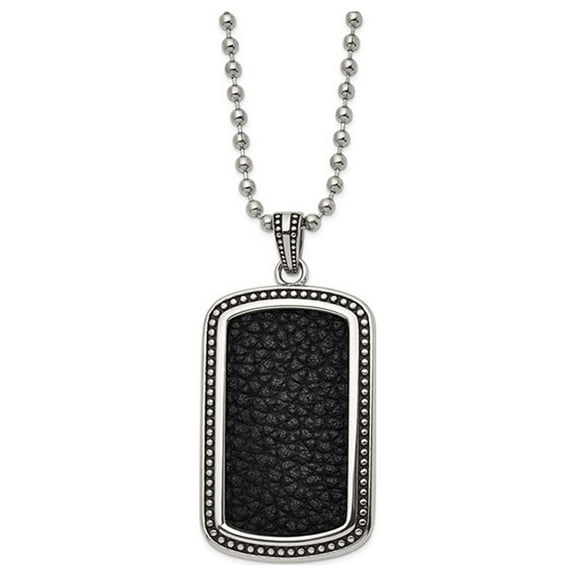Mens Stainless Steel Black Textured Leather Inlay Dog Tag Pendant Necklace with Chain for Men