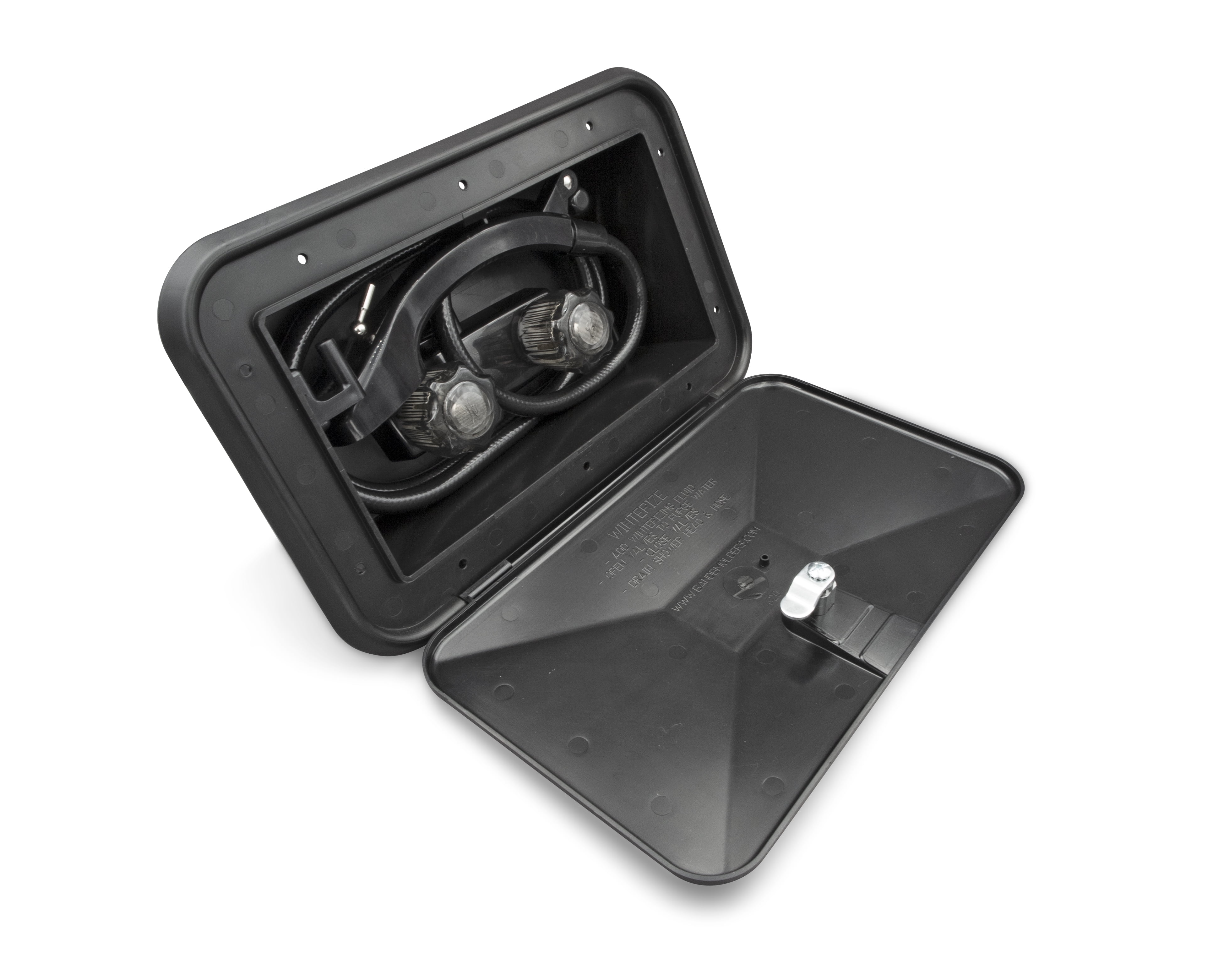 RV Camper Outdoor Exterior Shower with Easy Storage Head Hose and ON/OFF Hot Cold Knobs Black PN 94196