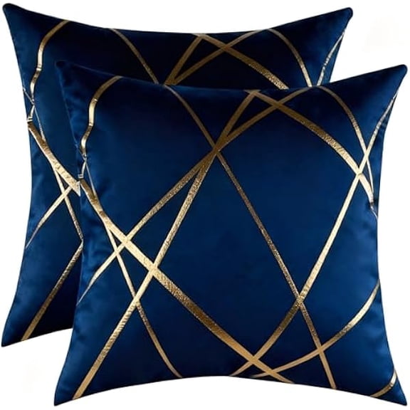 Eryueer Luxury Velvet Cushion Covers 45 x 45 cm Sets of 2 Gold Striped Decorative Throw Pillow Covers Navy Blue Cushion Case Couch Pillowcases for Sofa Living Room Bedroom
