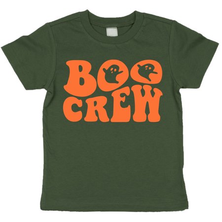 

Boo Crew Retro Wavy Ghost Shirt for Baby and Toddler Youth Boys and Girls Halloween and Fall Shirt Orange on Military Green Shirt 5-6