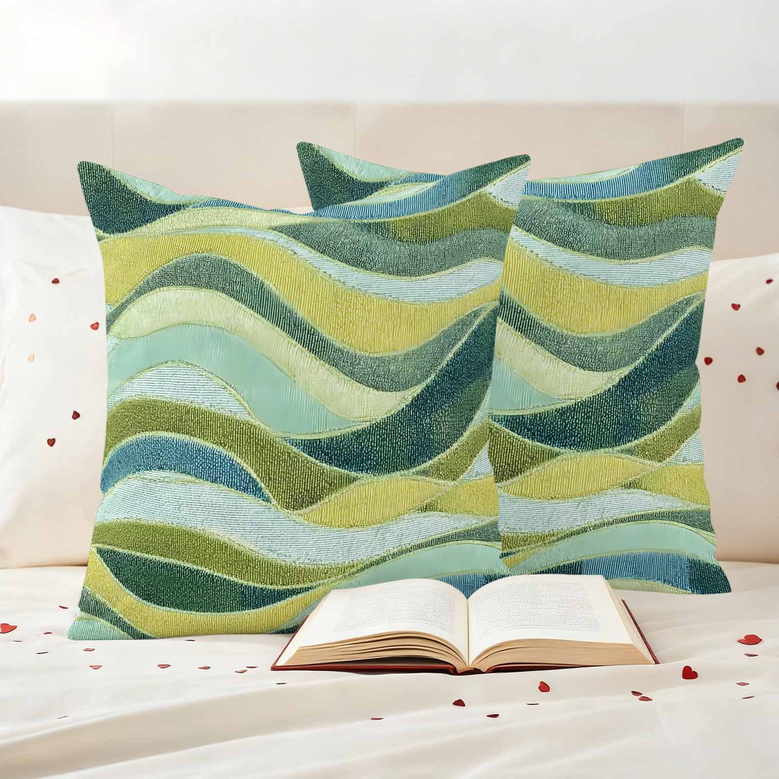 Teal Green Ombre Outdoor Waterproof Pillow Covers, Modern Abstract Moire Wave Striped Decorative Square Throw Pillowcase Sofa Cushion Sham for Patio/Couch/Chair, 24"x24" 2 Pack