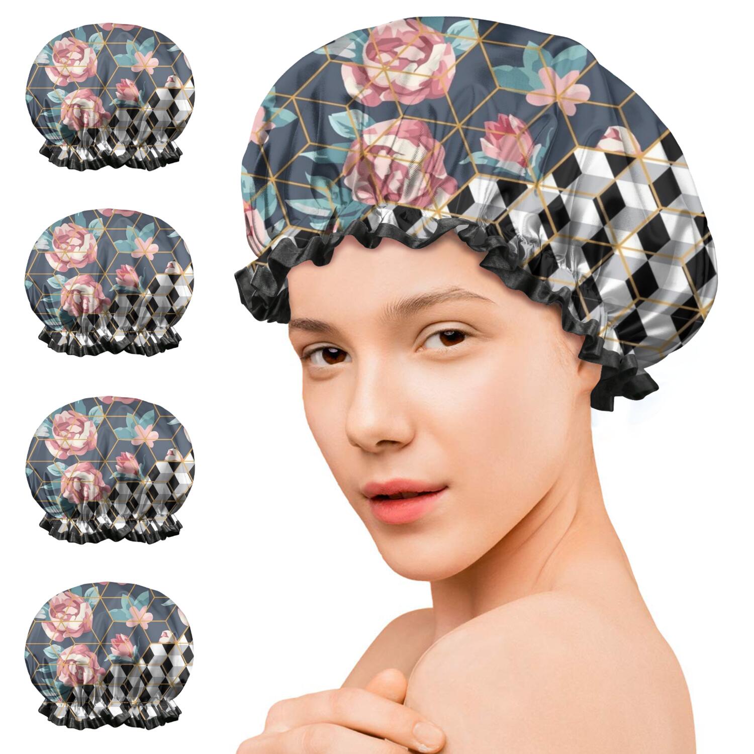 Shower Caps,Pioneer Flower Floral Print Pattern Waterproof Shower Cap for Women 4 Pieces,Double Reusable Hair Cover for Shower PEVA Elastic Stretch Hem