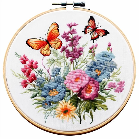 Butterflies and Flowers DIY Stamped Cross Stitch Kits for Beginners Easy with Hoop 11CT Needlepoint Embroidery Counted Cross Stitch Kits Art Craft Wall Decor and Gift 35x35cm(3)