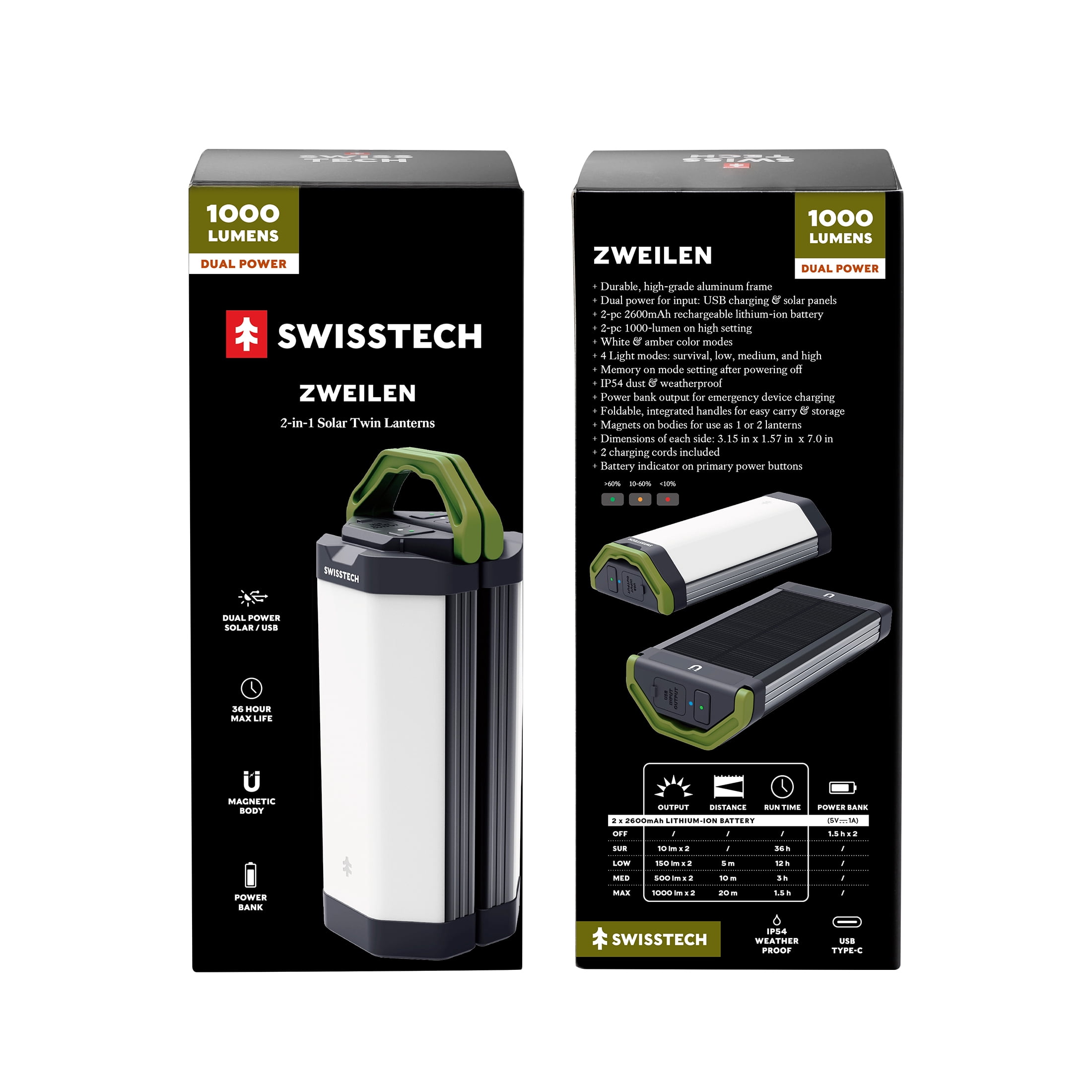 Swiss Tech 2000 Lumen Zweilen 2-Pack Solar Rechargeable Magnetic Lanterns, IP54 Weatherproof, 4 Modes and 72 Hour Battery Life