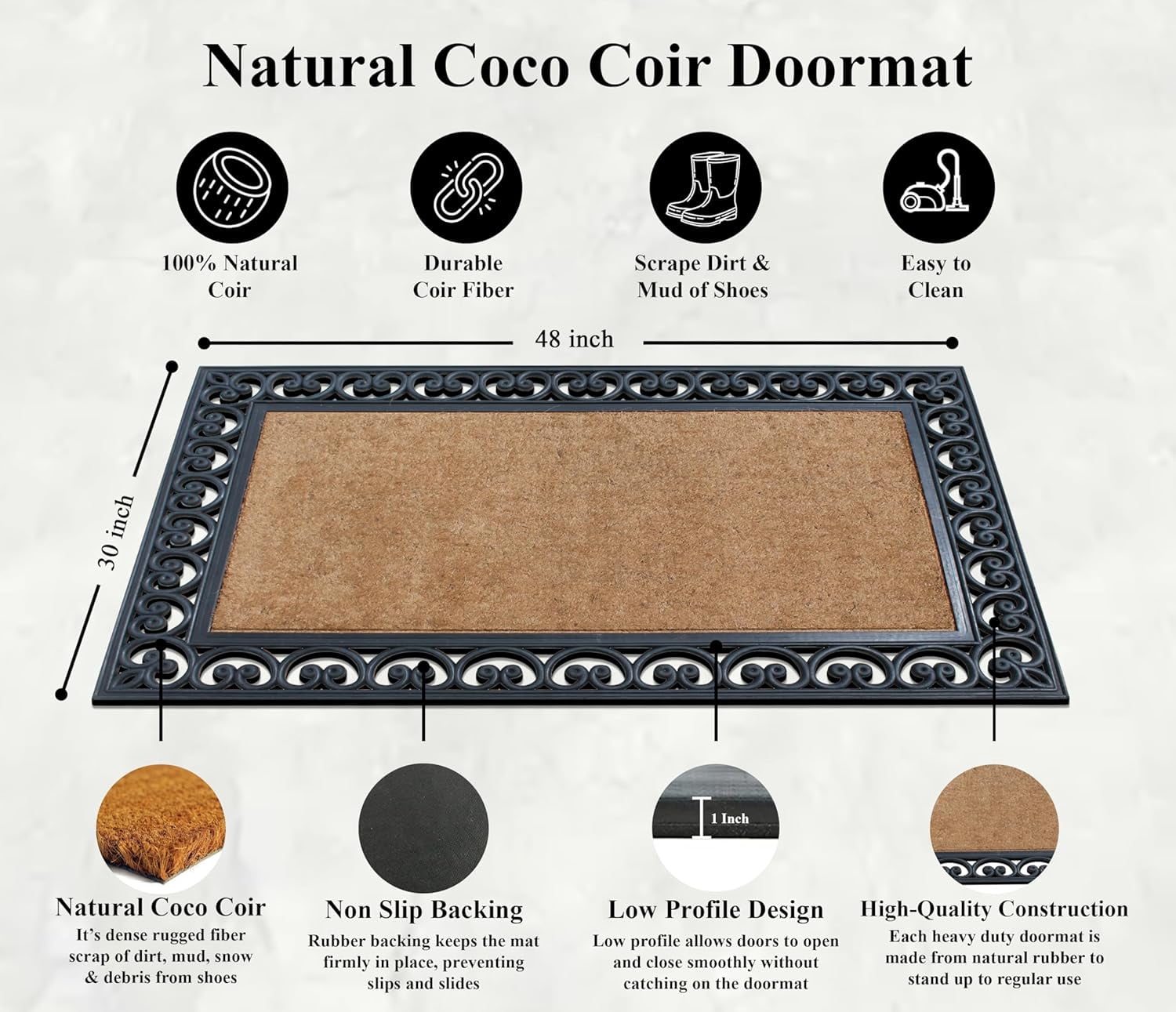 A1HC 30"x48" Natural Coir & Rubber Paisley Black Doormat, Heavy-Duty, Anti-Shed, Fade-Resistant Outdoor Entrance