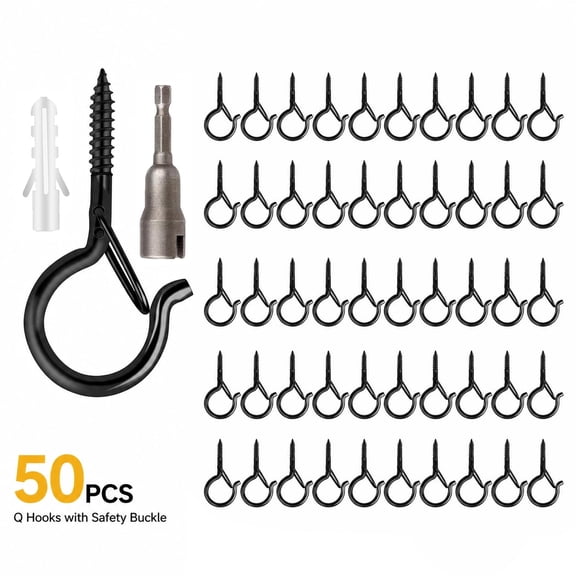 DAYBETTER 50PCS Black Screw Hooks with Safety Buckle, Metal Q-Hanger Ceiling Hooks for Hanging String Lights, Christmas Lights, Plants