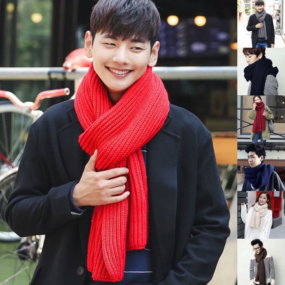 Trayknick Unisex Scarf Solid Color Knitted Autumn Winter Japanese Korean Style Knitting Scarf for Dating Navy Blue