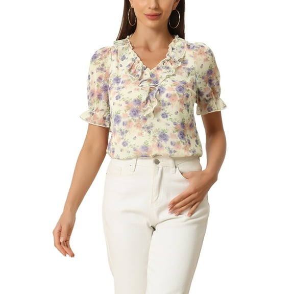 INSPIRE CHIC Women's Floral Ruffle V Neck Puff Short Sleeves Blouse Top