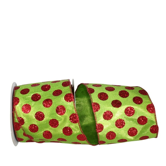 Reliant Ribbon - 93324W-601-10F, Dots Lame Dupioni Luxe Wired Edge Ribbon, Lime/red, 4 Inch, 10 Yards
