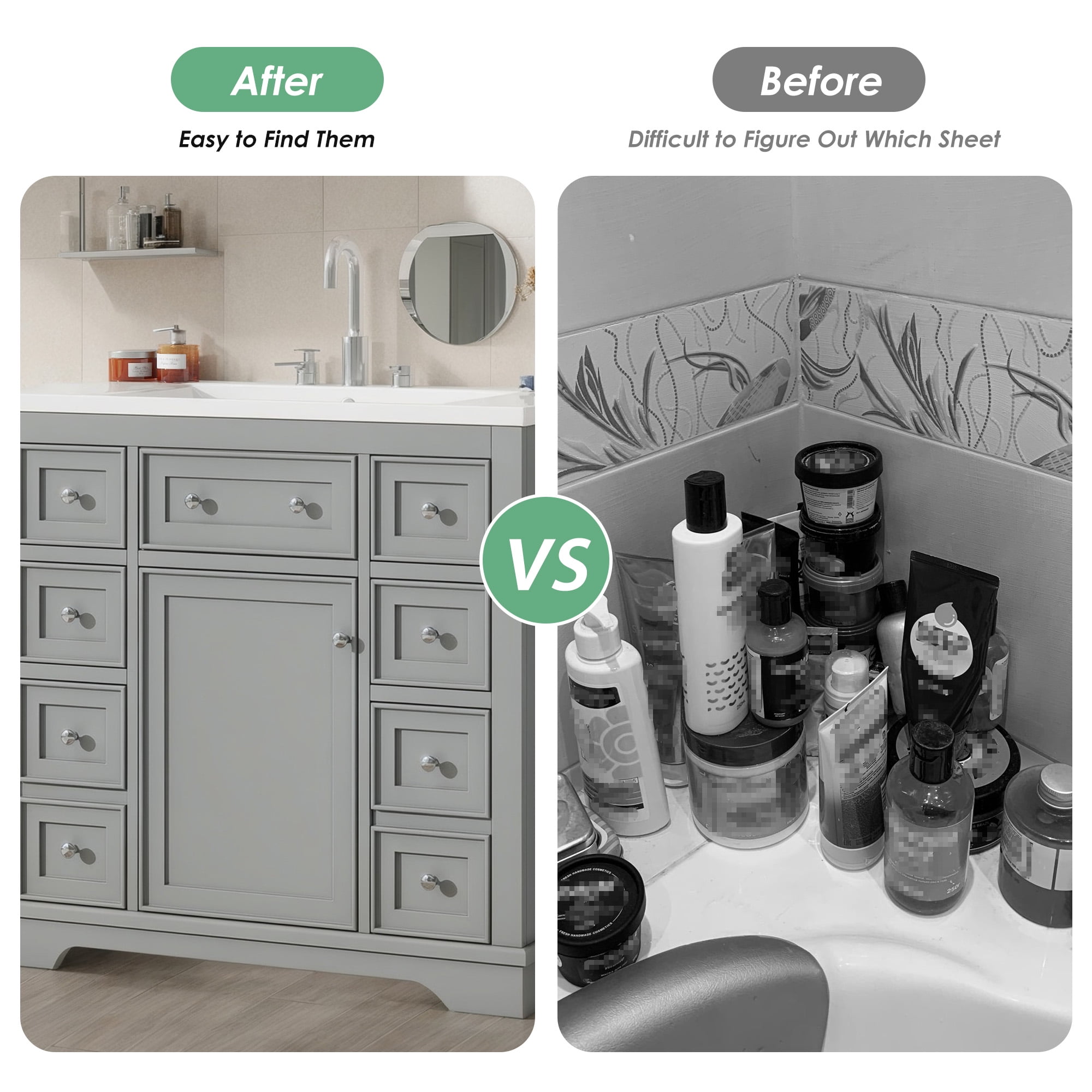 SogesPower 36" Bathroom Vanity with Ceramic Sink, Solid Wood Bathroom Makeup Cabinet with One Cabinet and 6 Drawers, Adjustable Shelf, FreeStanding Single Basin Vanity Set for Bathroom, Grey