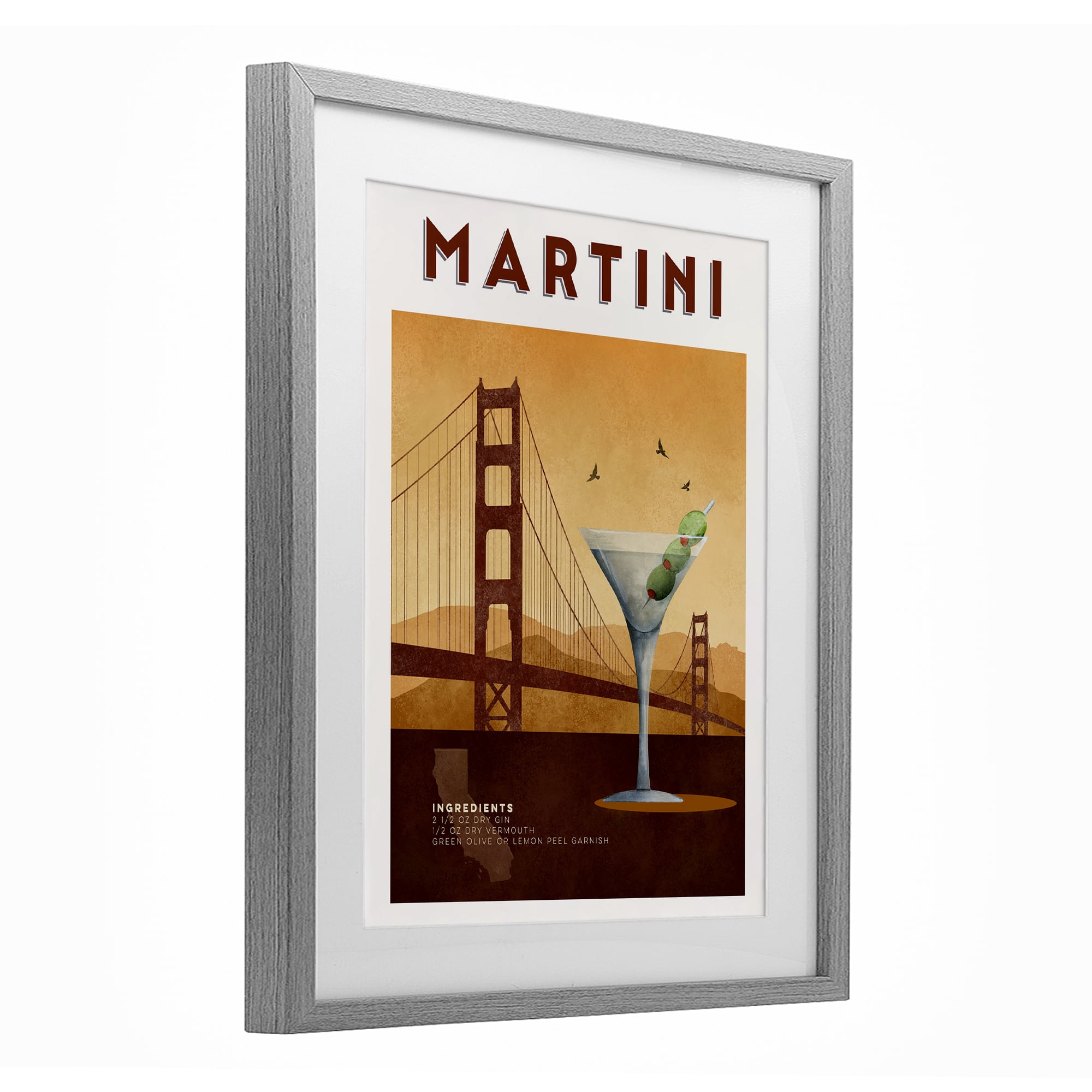 Retro Martini & Bridge View Gray Framed Print Under Glass, design by Brett Blumenthal