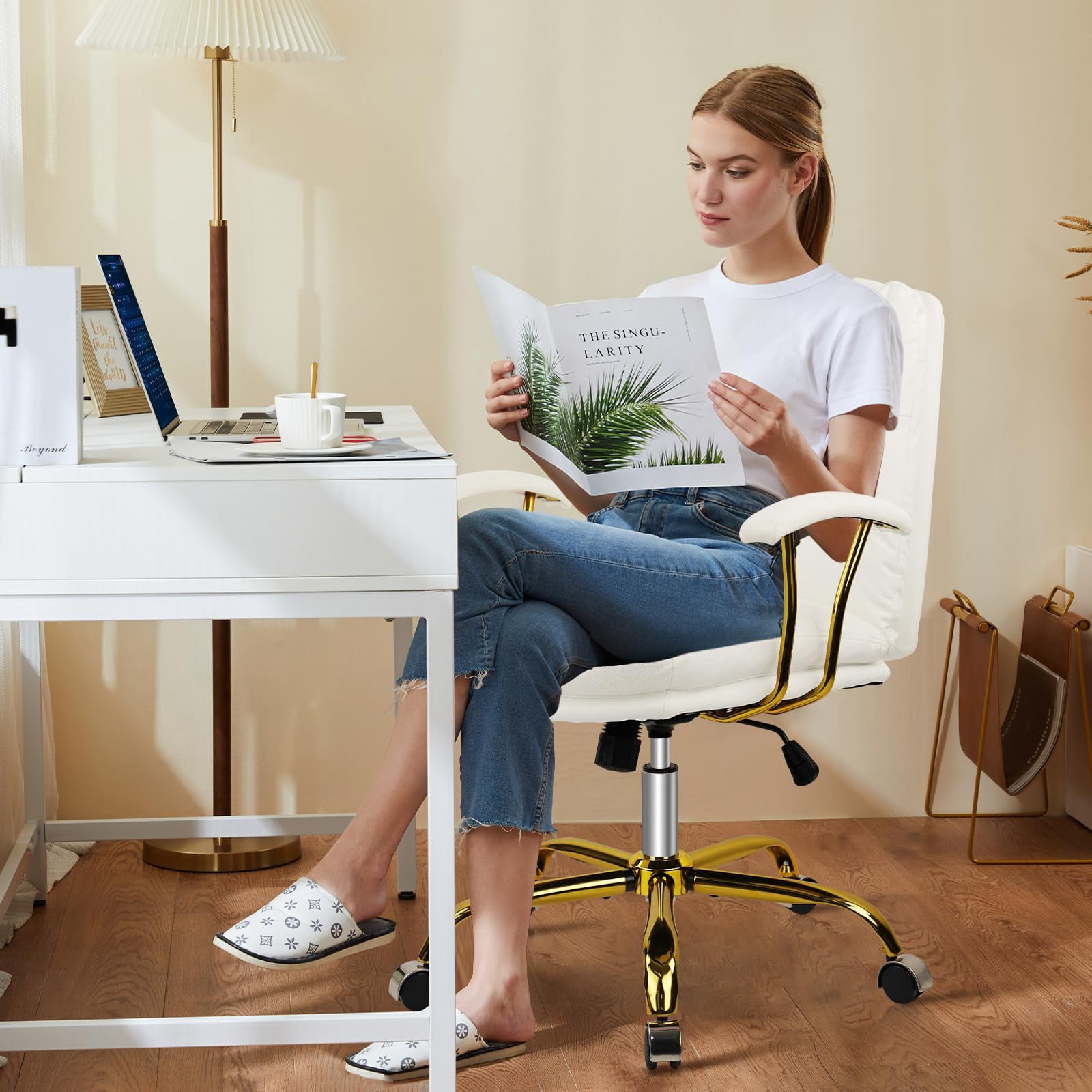 KLASIKA Leather Home Office Desk Chair with Wheels & Armrest, Mid Back Swivel Adjustable Computer Chair for Living Bedroom Office, White/Gold/300LB