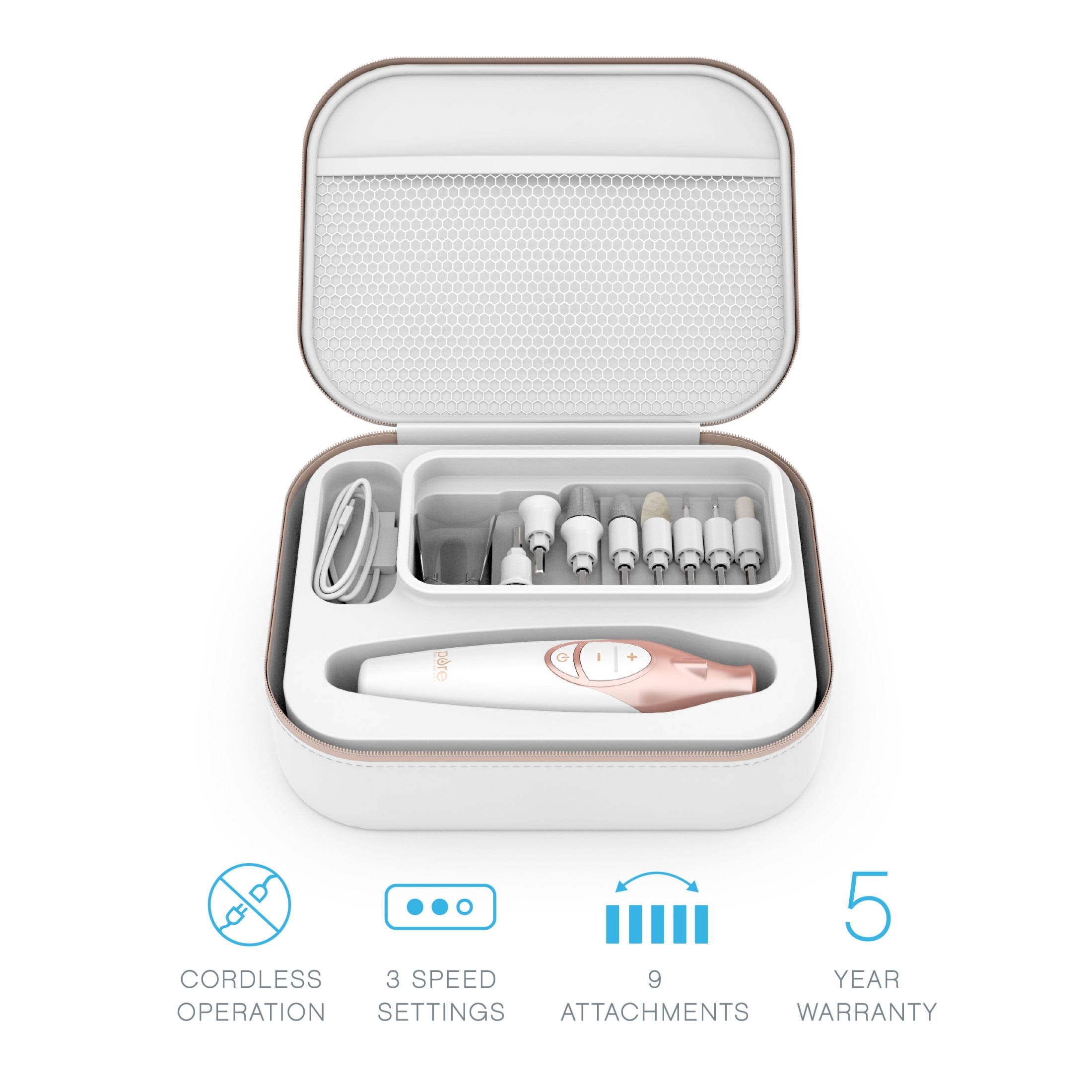 Pure Enrichment PureNails Luxe Rechargeable Manicure Set - Cordless Portable Electric Nail Drill for Acrylic Gel Nails, Manicure Pedicure with 9 Sapphire Filing Attachments and LED Grooming Light