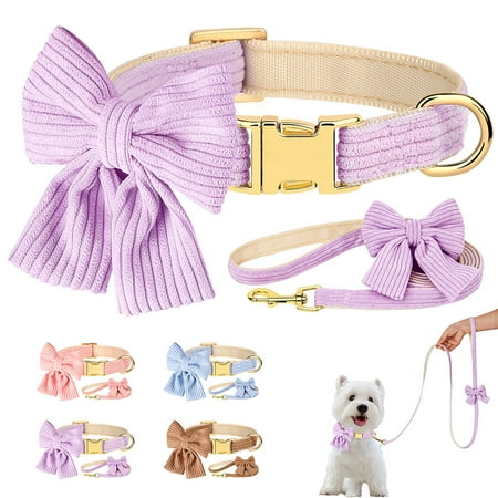 Pet Artist Soft Corduroy Dog Collar w/Bowknot and Leash Adjustable for S/M Pets Pink Purple Blue Brown