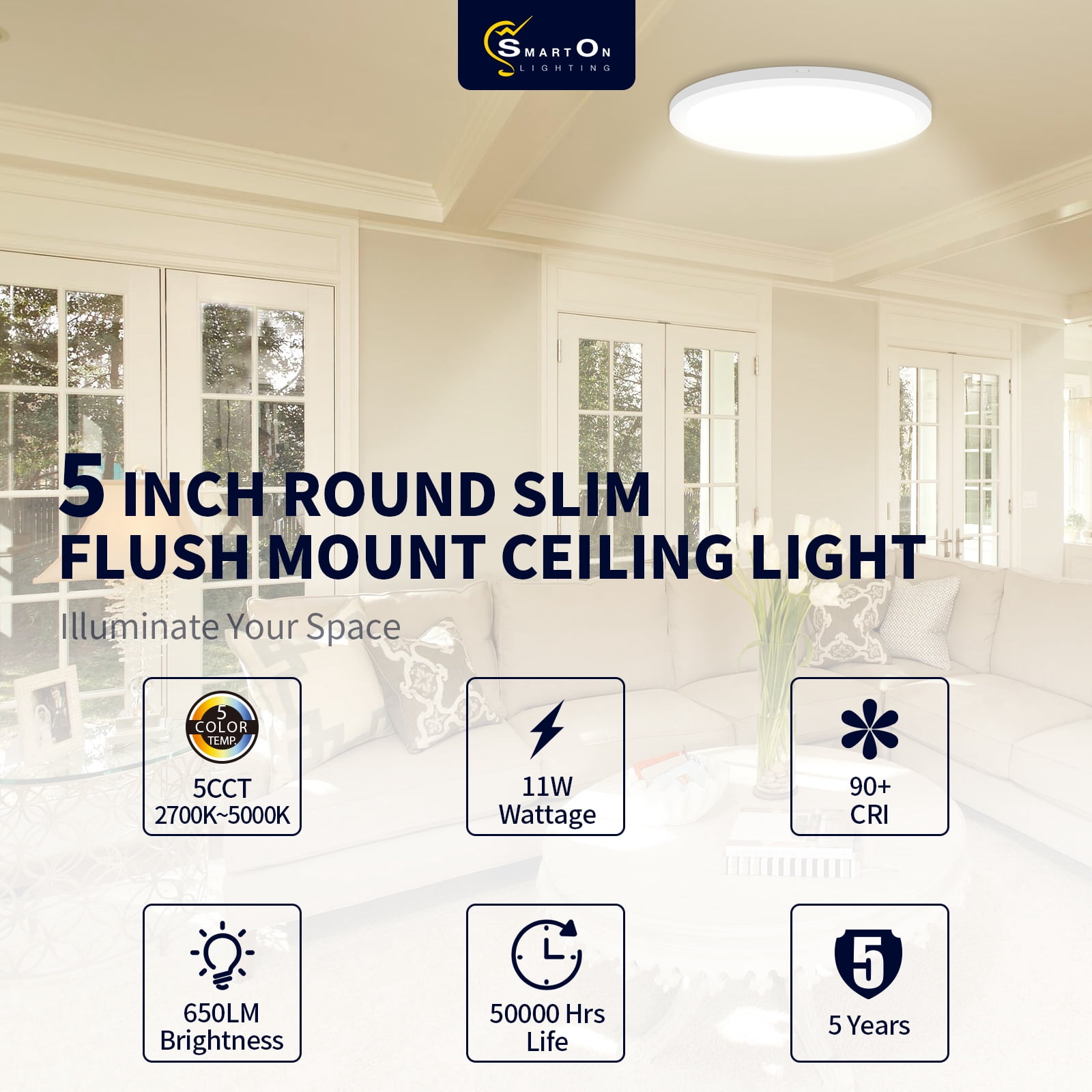 5 Inch Round Flush Mount Ceiling Light with Dimmable, Ultra Slim, 5 Color Temperature Settings for Bathroom, Kitchen, and Hallway
