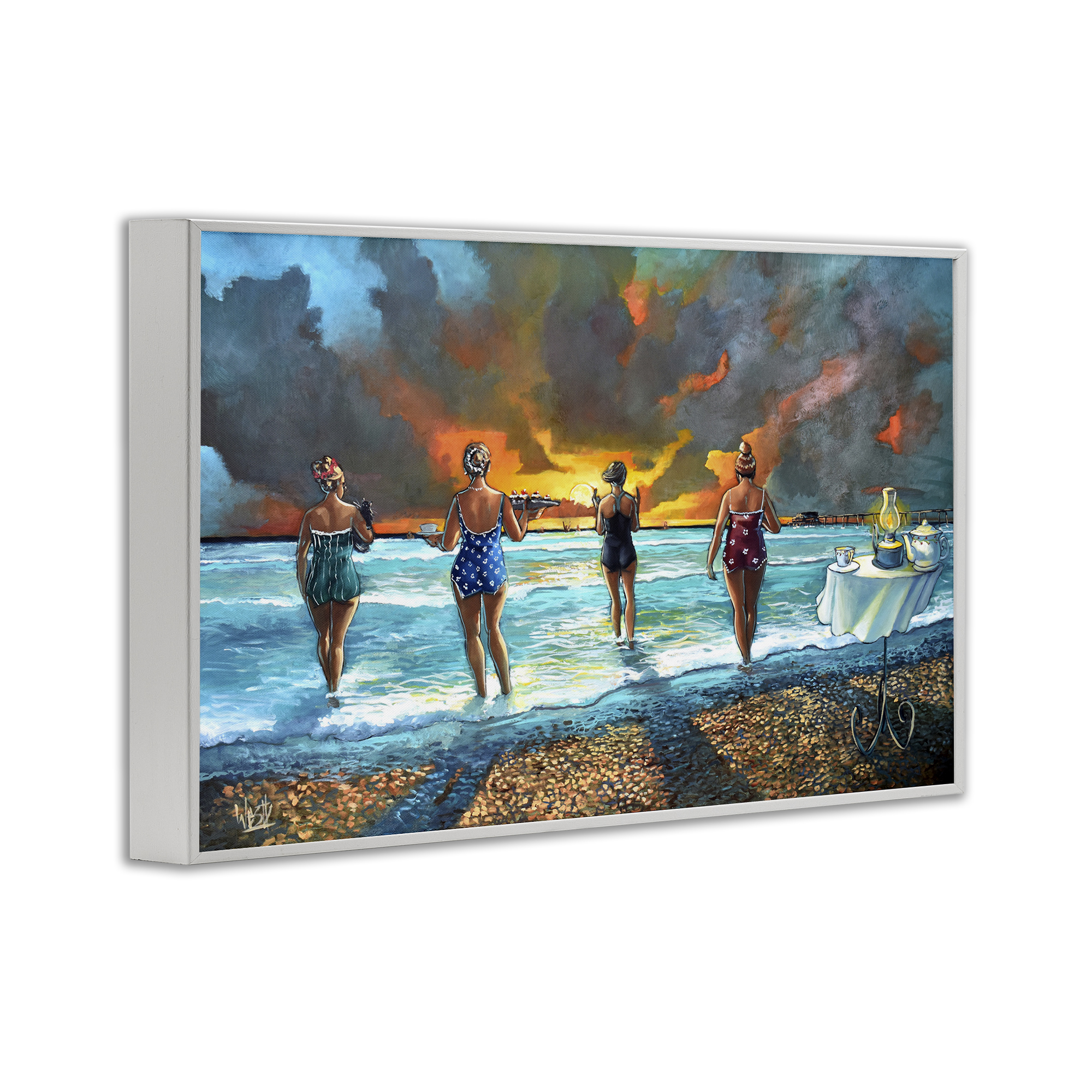 Stupell Industries Elegant Ladies on Beach Novelty Painting White Framed Art Print Wall Art, 24 x 16