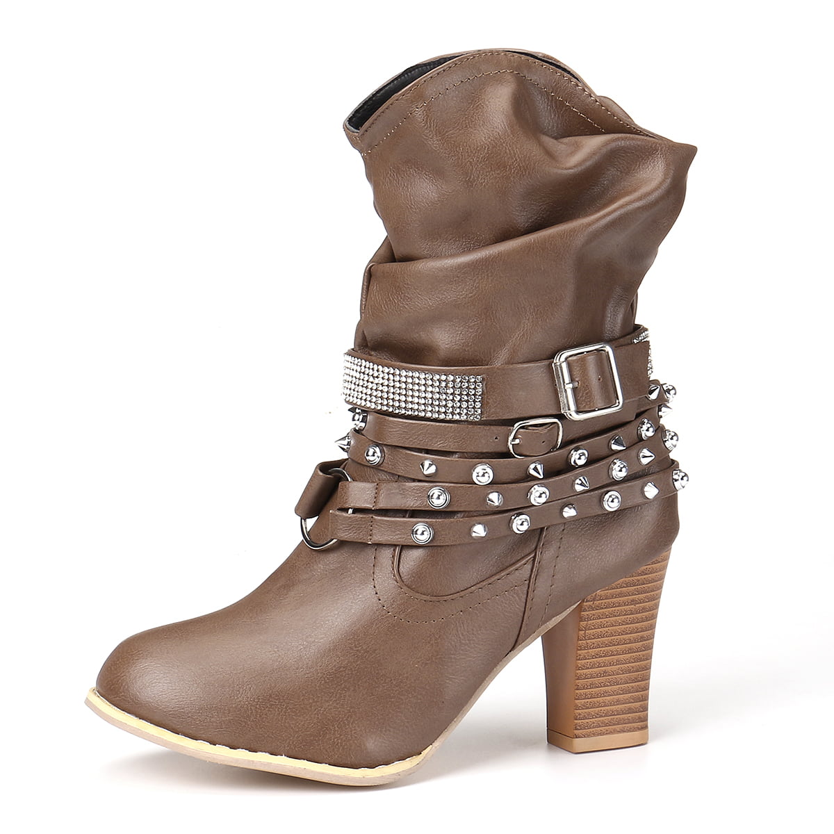 Womens Block High Heel Ankle Boots Buckle Belt Rhinestone Leather Shoes Booties