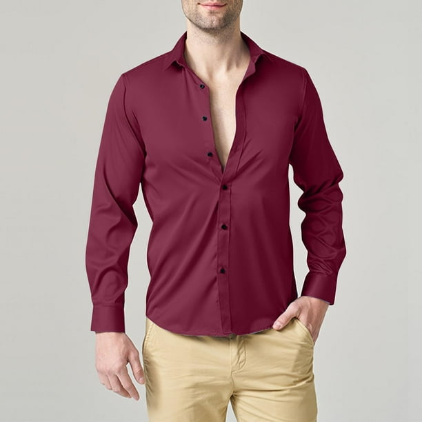 Blusa y camisa de manga larga con cuello vuelto para hombre, informal, con botones, lisa, de manga larga, transpirable, de poliéster