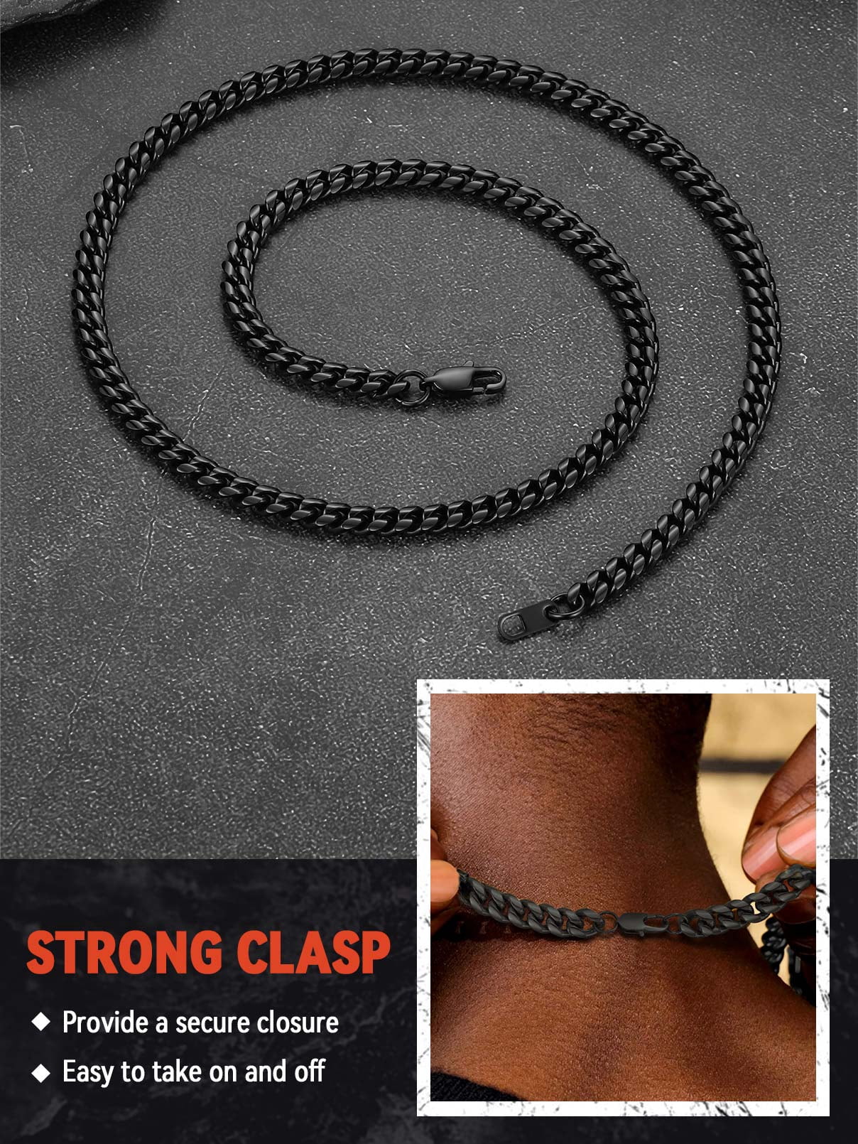 FaithHeart Chunky Miami Cuban Link Chain Necklace for Men Black Stainless Steel Hip Hop Chains Necklaces 6mm Width 30 Inches Length Jewelry with Gift Box for Dad Son Father's Day