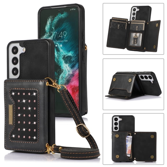 Galaxy S21 Wallet Case Cover for Women Men, Glitter PU Leather Crossbody/Shoulder Strap RFID Blocking Kickstand Magnetic Clasp Phone Case for Samsung Galaxy S21 5G 6.2 inch 2021, Black