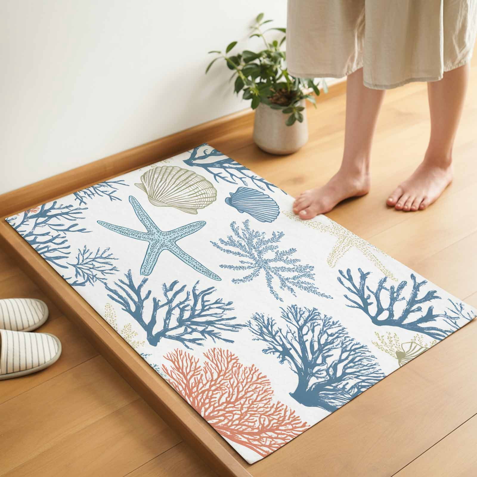 Coral Coastal Indoor Door Mat - 16"x24", Non-Slip Welcome Mat for Outdoor, Summer Beach Starfish Nautical Shell Front Doormat for Entry, Low-Profile Doormat Entrance Rug for Kitchen/Bathroom