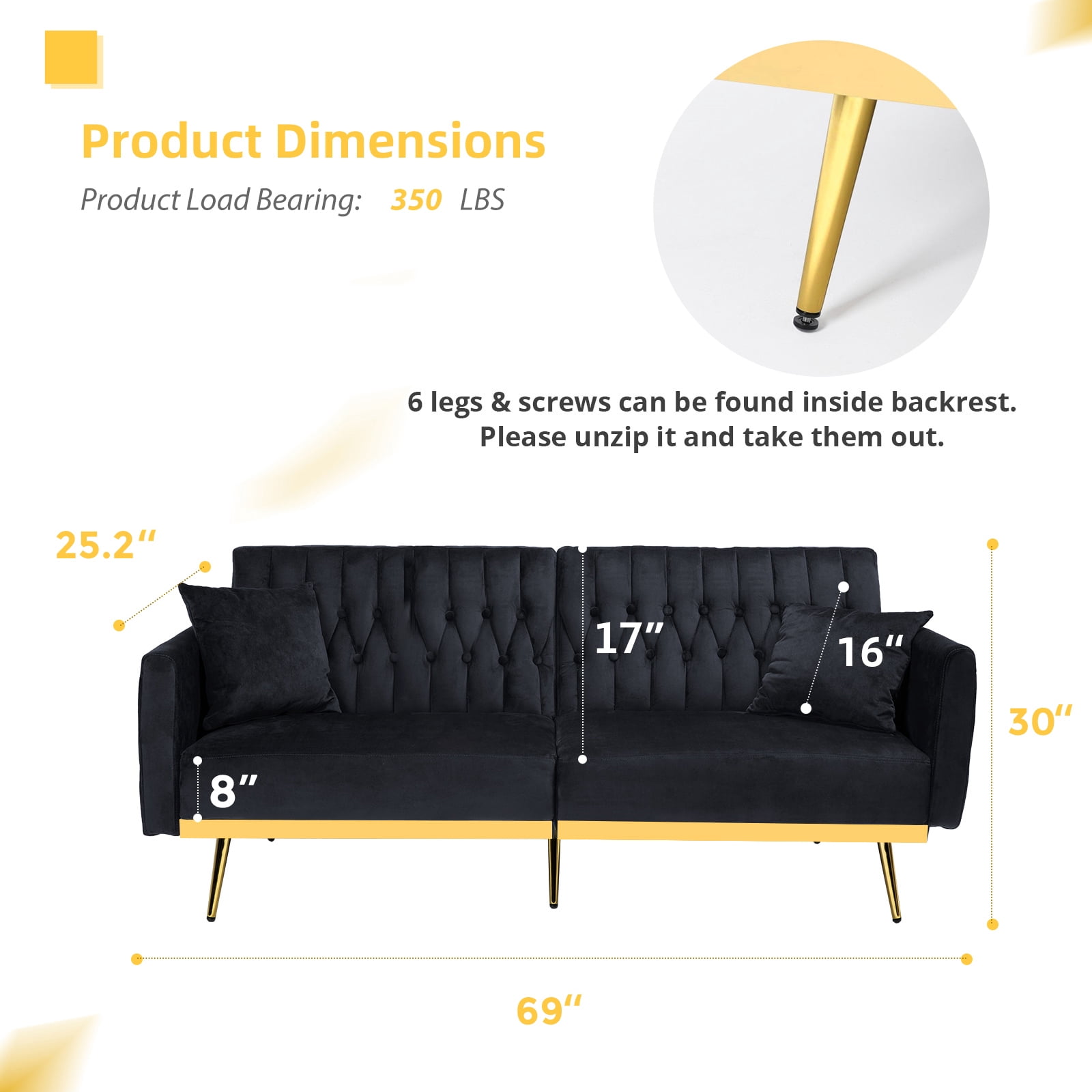 ACMEASE 70” Velvet Futon Sofa Bed with Adjustable Armrests and 2 Pillows, Convertible Futon Couch, Black