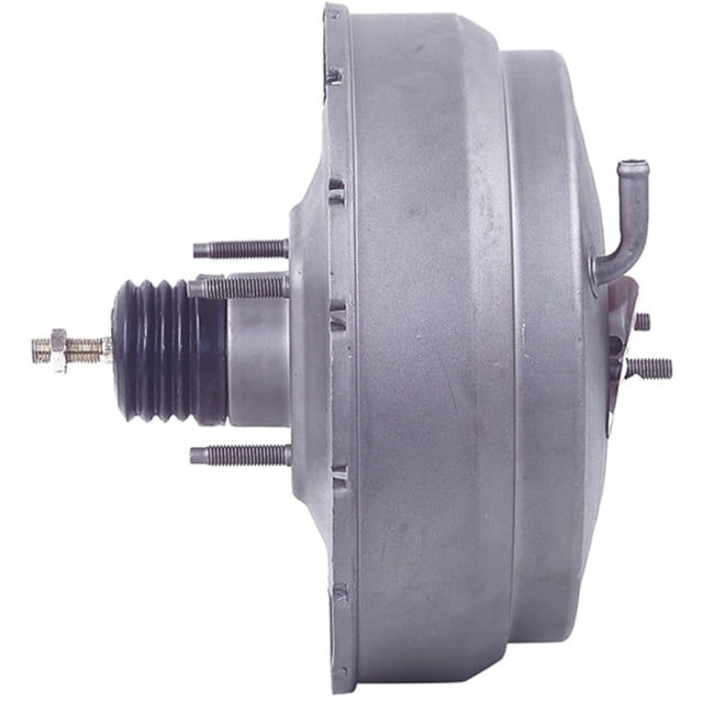 booster de frenos sentra 2002 nissan l4 2.5l remanufacturado CARDONE Remanufacturado: vista lateral centrada de booster de vacío con diafragma doble, carcasa metálica cilíndrica gris, vástago con fuelle de goma y espárragos de montaje visibles; 1 pieza, origen México. A menudo usado en reparaciones de frenos de sedanes compactos.