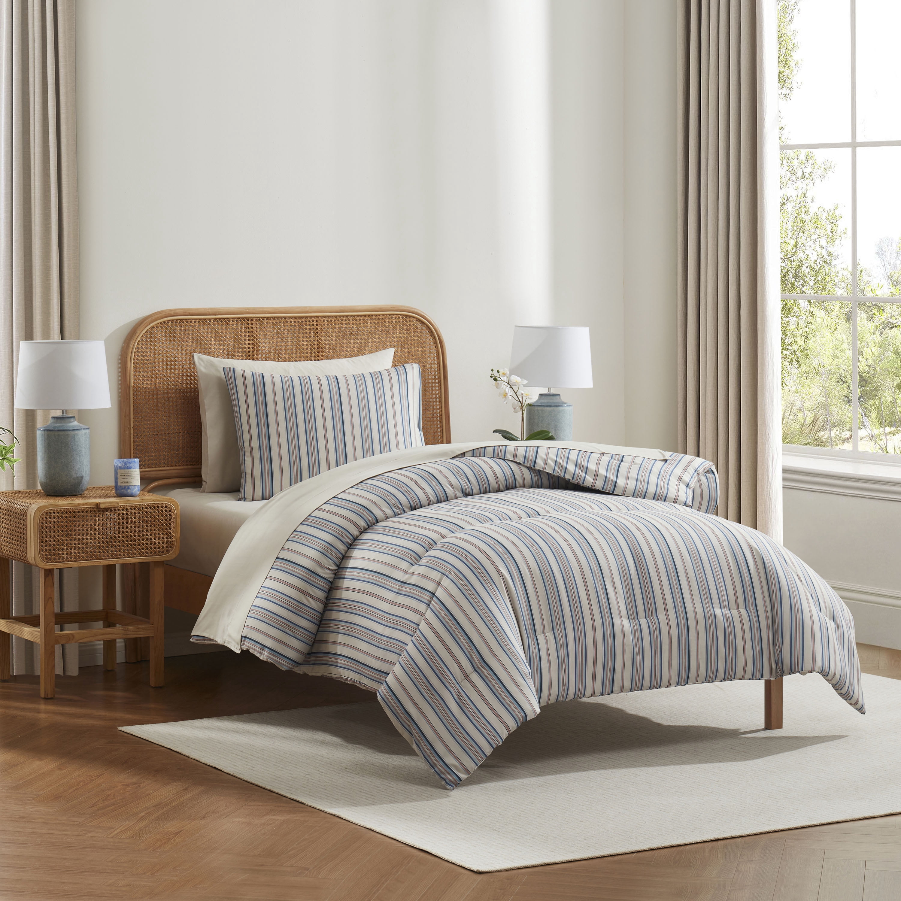 LammaLoe Twin Comforter Sets, 5 Piece Striped Bed in a Bag, Bedding Comforter Set with Sheets, Modern Bed Set, Off White
