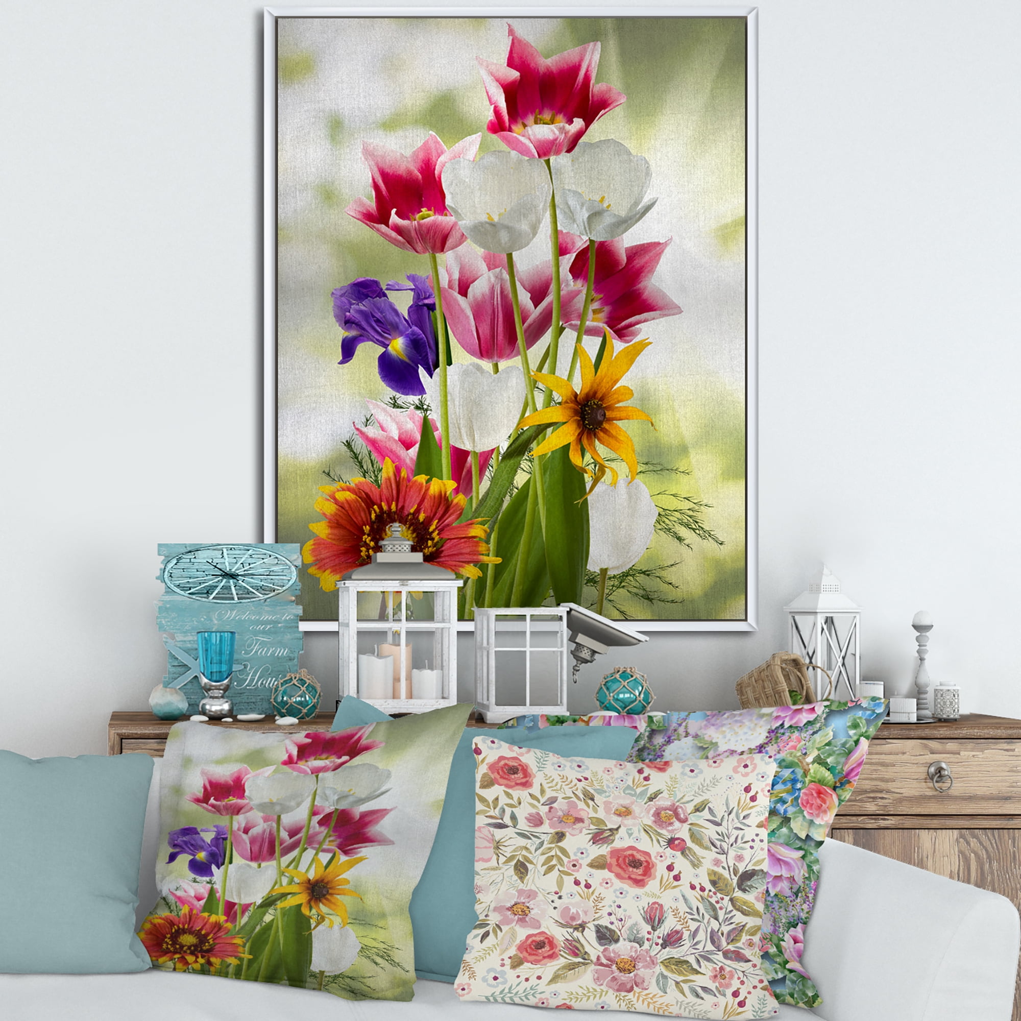 Designart 'Vibrant Purple Red and Yellow Wildflowers' Traditional Framed Canvas Wall Art Print