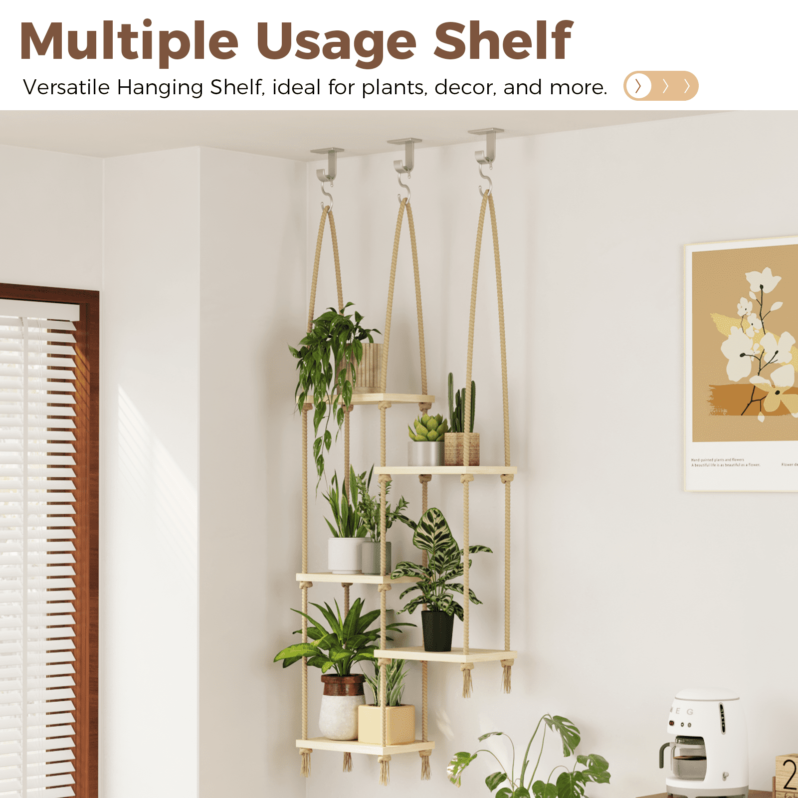 Bamworld Window Plant Shelf with Cotton Ropes for Indoor Plants, Living Room or Garden Decor