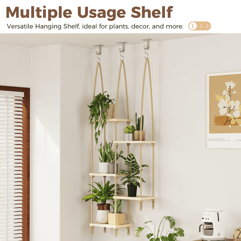 Bamworld Window Plant Shelf with Cotton Ropes for Indoor Plants, Living Room or Garden Decor