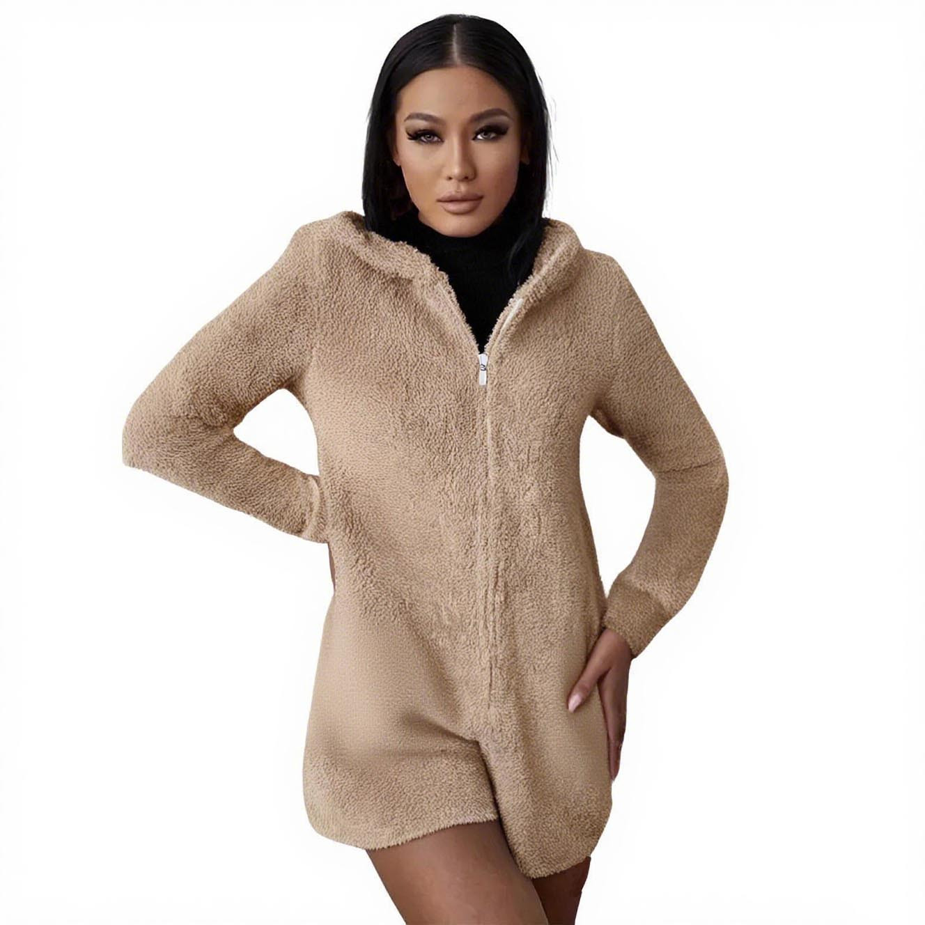 Long Sleeve Adult Onesie Pajamas New Women's Warm Hooded Ears Hooded Jumpsuit Long Sleeve Shorts Zipper Jumpsuit Pocket Sleepwear Home Clothes Style B-4 Khaki XXL