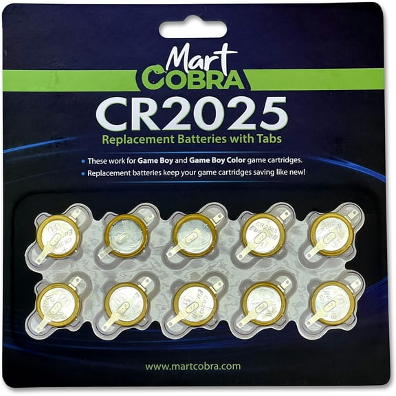 Mart Cobra CR 2025 Batteries with Solder Tabs 10-Pack Gameboy Color Cartridge Battery CR2025 Battery Tabs Solder Color GBC CR2025 3v Lithium Battery CR2025 Replacement Battery Gameboy Save Battery