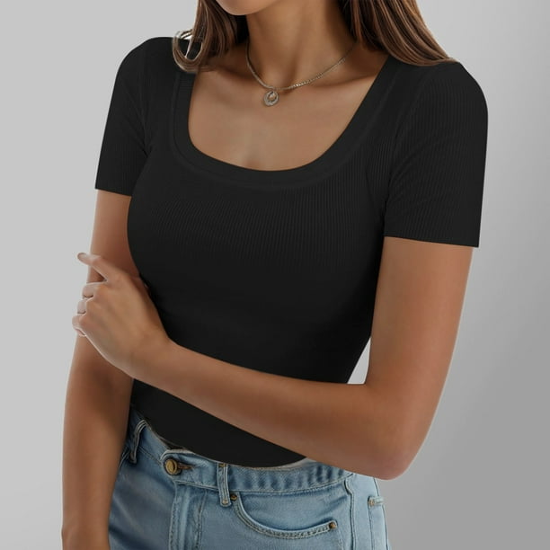 MKLEKYY Playeras Mujer Camisetas De Manga Corta De Verano Para Mujer, Cuello Cuadrado, Acanaladas, Ajustadas, Informales, 227 Talla XXXL