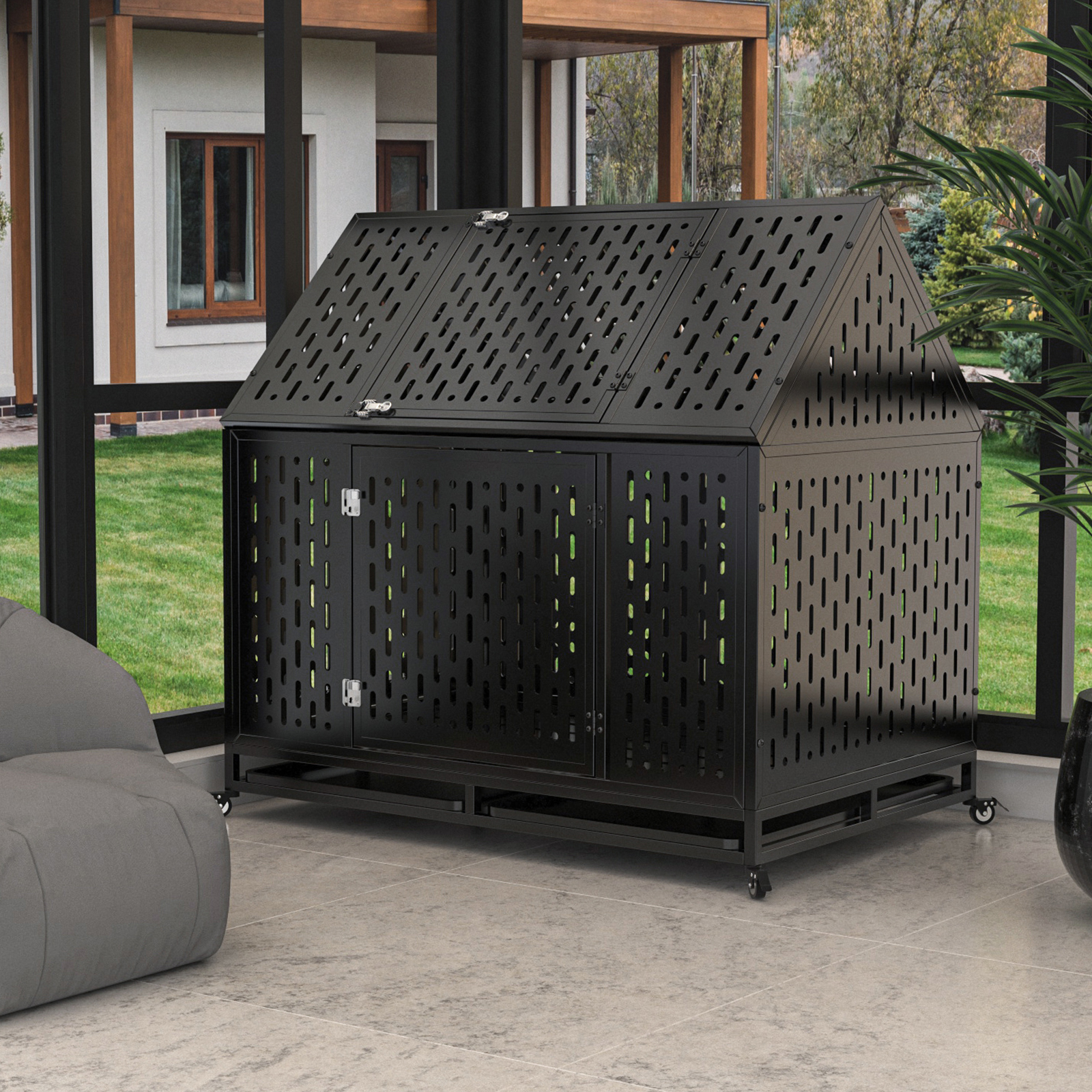 Heavy Duty Dog Crate Dog Cage, 52" Indestructible Metal Dog Kennel Lockable for Medium Large Dogs with Sturdy Door Lock and Removable Trays, Roof Top Access