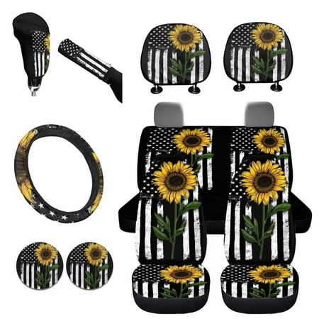 Binienty Car Seat Cover for Carseat with SUV/Van 4 Sunflower Front Back Seat Decor+2 Coasters+2 Headrest Pad+1 Handbrake Cover+1 Gear Shift Cover+1 Steering Wheel Cover American Flag Auto Accessories