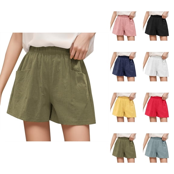 Shorts for Women 2026 Summer Cotton Linen Elastic Waist Lightweight Wide Leg Relaxed Fit Casual Shorts with Pockets