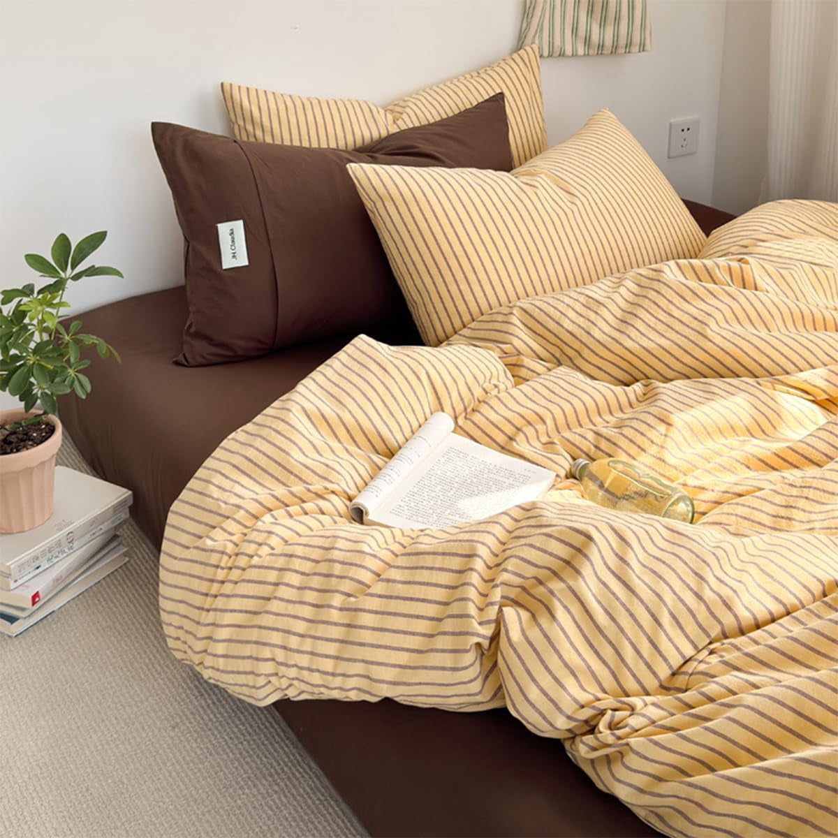 NAYOROOM Brown Stripes Yellow Duvet Cover Queen Set, 3-Piece Retro Vertical Ticking Stripes Soft Comforter Cover