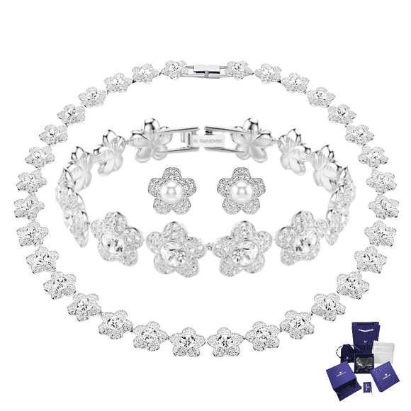 SET CONJUNTO COLLAR + PULSERA + ARETES SWAROVSKI ARIANA GRANDE FLORES BLANCAS