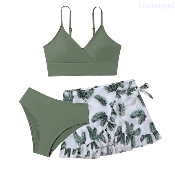 Lixiuxyad Girls Swimsuit 3 Piece Bathing Suits Summer Adjustable Straps Bikini Sets with Cover Up Tropical Print Ruffle Skirt for Teens Girls,Sizes 9-10 Years