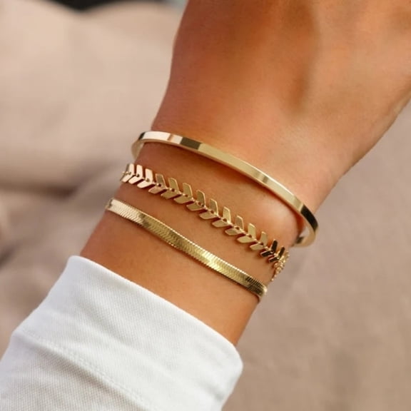 GOSFRY Minimalist 3Pcs 14K Gold Plated Layered Bracelet Set for Women Daily Fashion Party Graduation Jewelry Gift