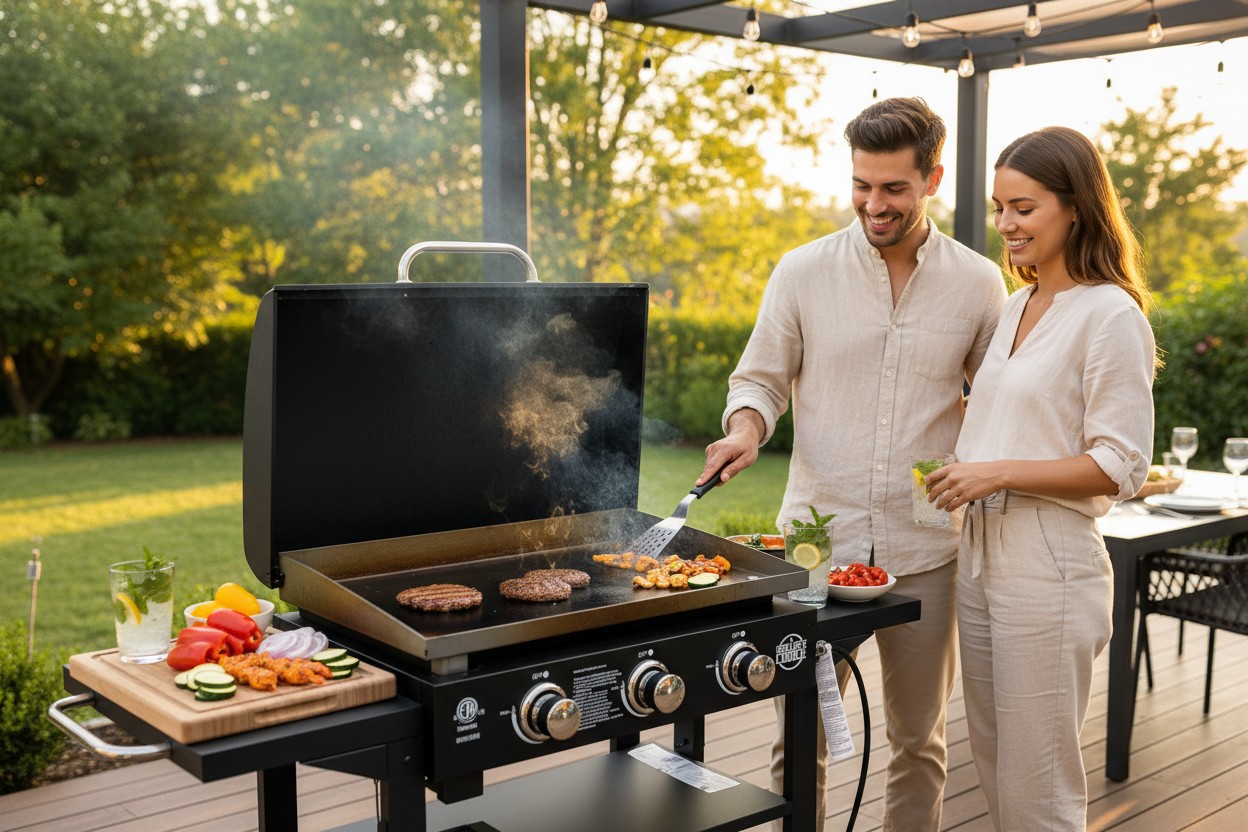 Griller's Choice Propane Gas Griddle with Hinged Hood, Integrated Wind Guards, Front Grease Management, 4 Shelves