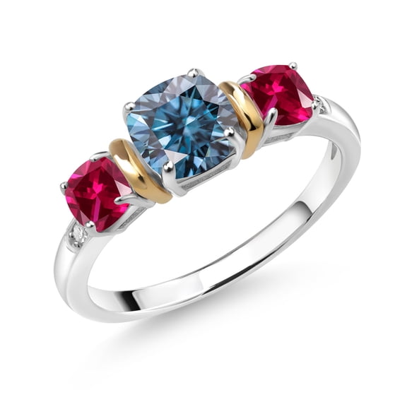 Gem Stone King 925 Silver and 10K Yellow Gold 3-Stone Diamond Ring Cushion Persian Blue Moissanite and Created Ruby Red (1.75 Cttw, Size 6)