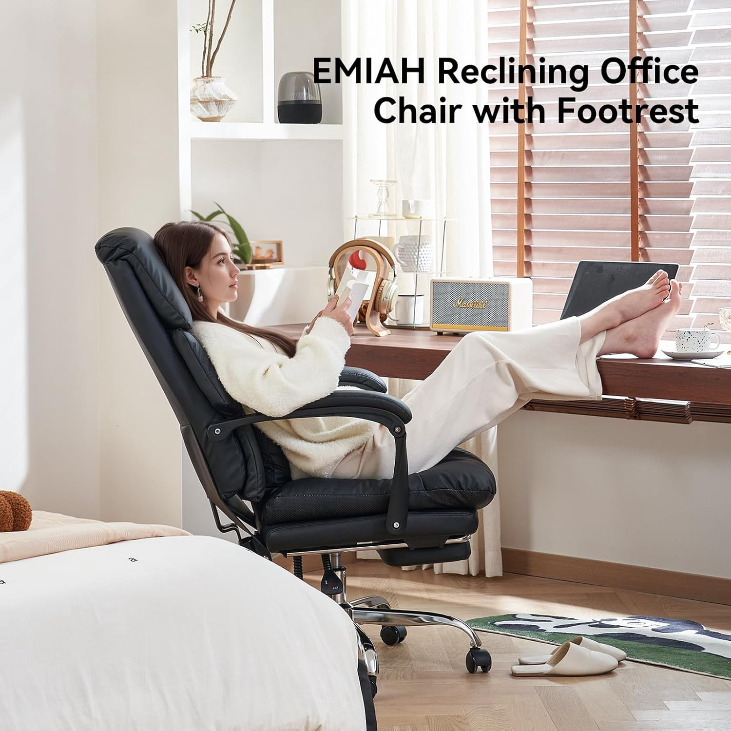 EMIAH Office Chair with Foot Rest, Ergonomic Executive Office Chair with Arms, Reclining High Back PU Leather Comfy Swivel Computer Desk Chairs with Wheels and Lumbar Support for Home Office, Black