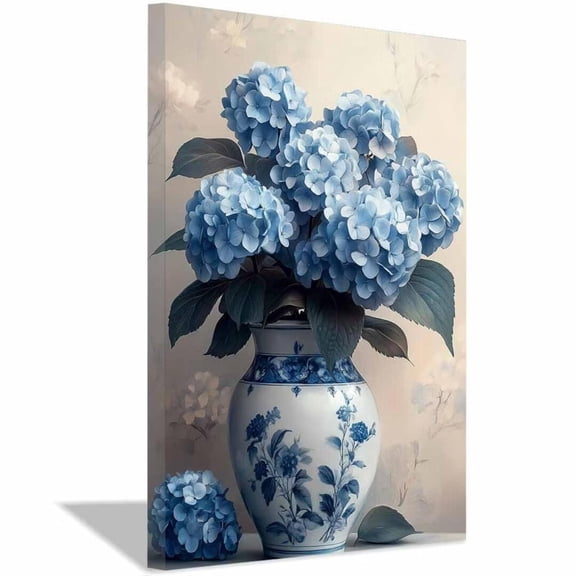 Mudket Blue Hydrangea in Blue and White Vase Canvas Wall Art, Vintage Floral Botanical Wall Decor, Light Blue Flower Artwork for Living Room Bedroom Kitchen, Framed Ready to Hang - 12"L x 8"W