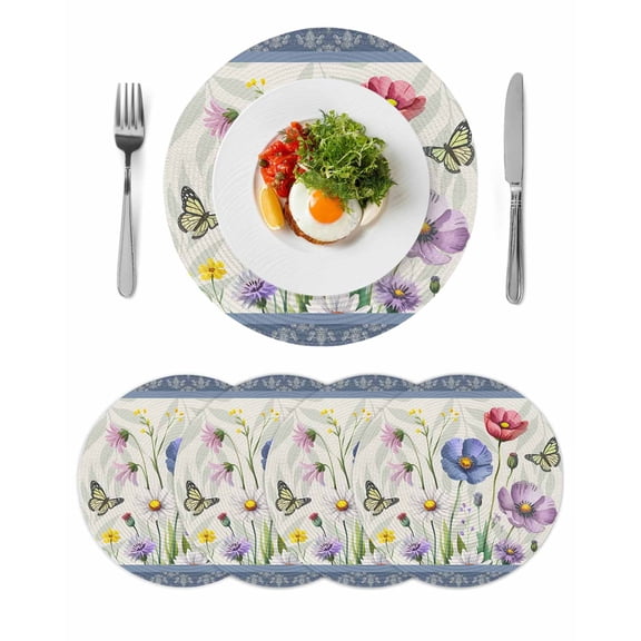 Blue Wildflowers Round 13 Inch Placemats Set of 4, Farmhouse Country Spring Butterfly Floral HeatResistant Non Slip Place Mats for Dining Table, Wipeable Braided Kitchen Table Mats for Housewarming