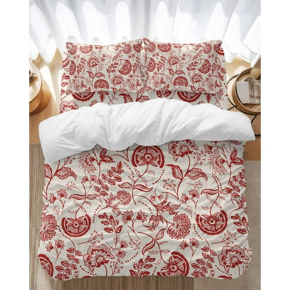 Farmhouse Red Floral Bedding Duvet Cover Set Full Size 4 Pieces Linen Boho Flower Rustic Country Bedding Set with Zipper Closure, 1 Comforter Cover 86x86 Inches 1 Flat Sheet & 2 Pillow Cases
